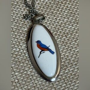 Vintage 18” chain Porcelain Bluebird of Happiness Pendant Necklace, Silver-Tone